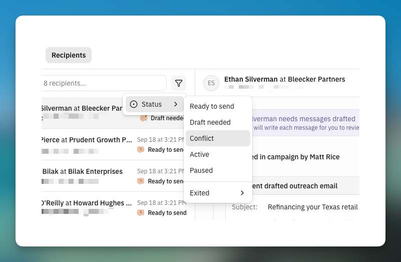 Recipients filter open to Status, with Conflict highlighted and Exited expanded
