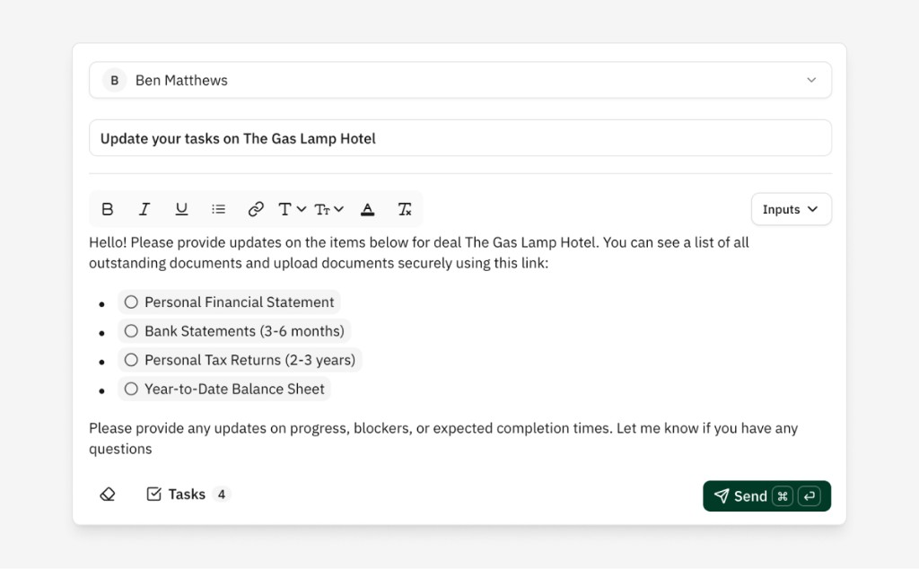 Email composer with checklist tasks embedded for document requests on a deal