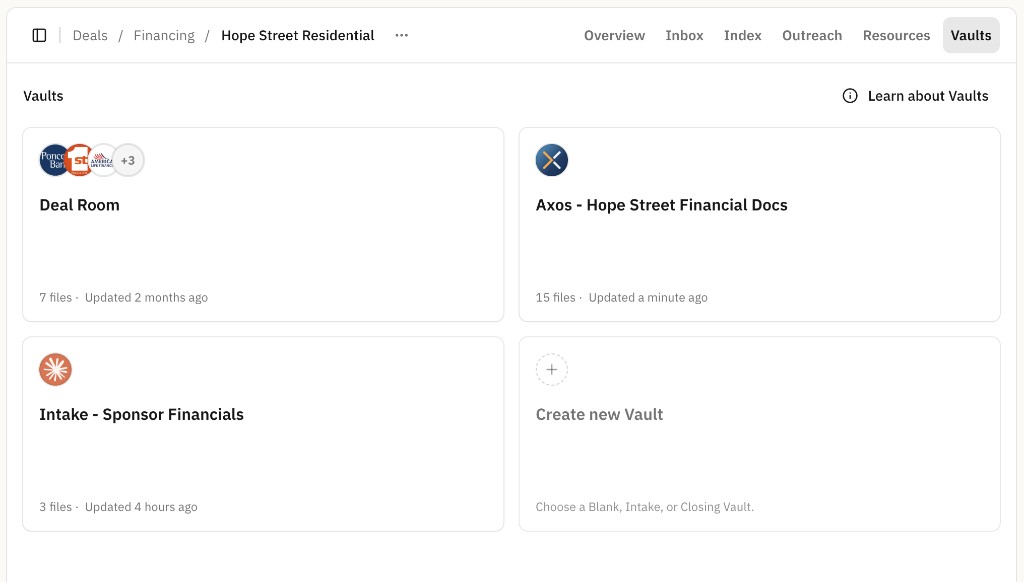 Vaults tab on a deal showing Deal Room, lender-specific vaults, an intake vault, and Create new Vault