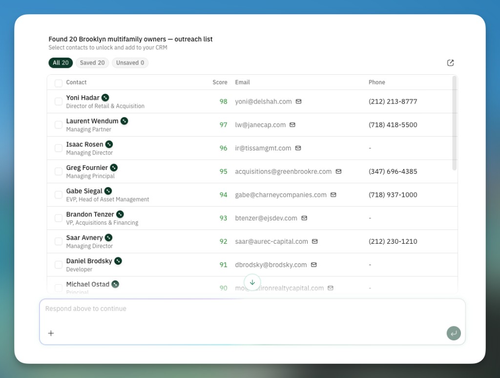 Sourcing results outreach list with contact emails and phone numbers filled in