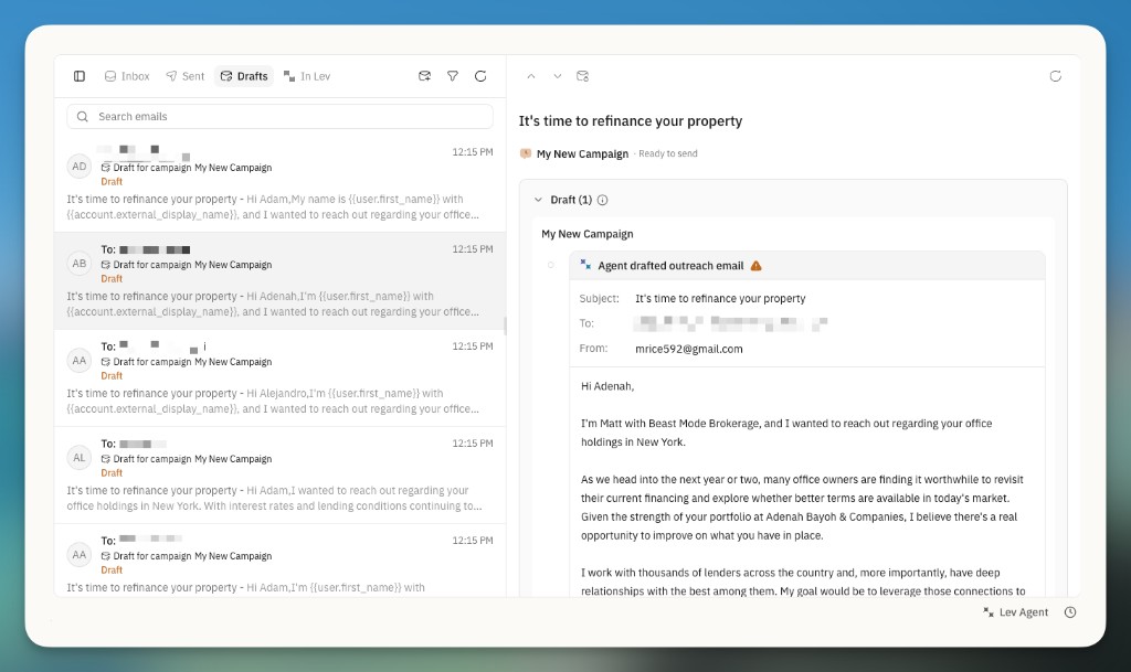 Drafts tab in Inbox with a ready-to-send campaign email open