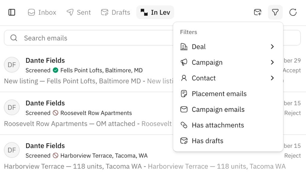 Filters menu in Inbox with deal, campaign, contact, placement emails, campaign emails, attachments, and drafts options
