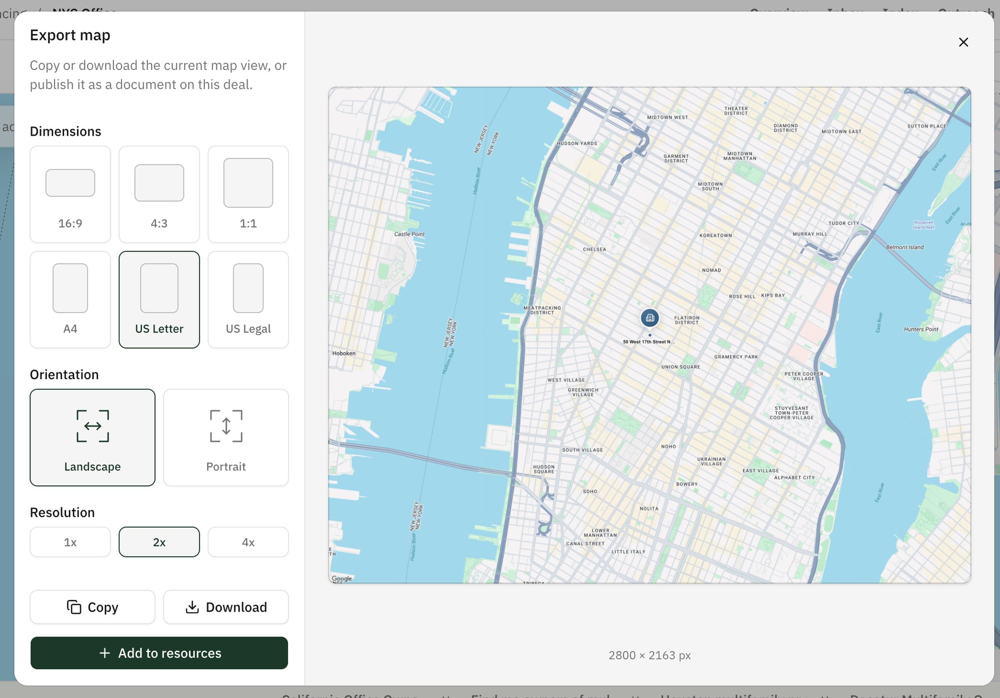Export map dialog with Dimensions, Orientation, and Resolution options beside a map preview, and the Copy, Download, and Add to resources buttons