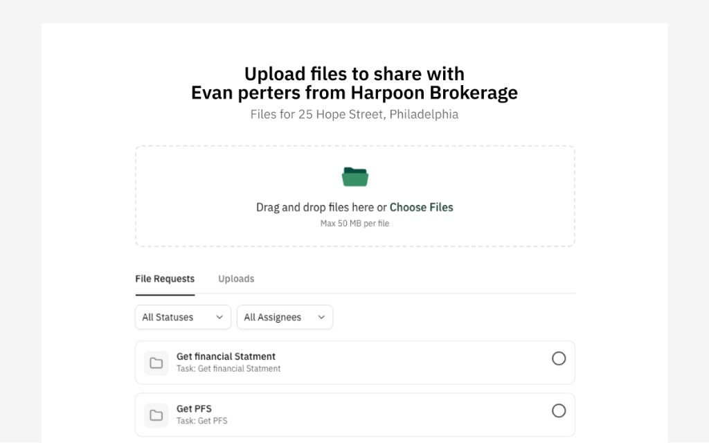 Full Access upload page with drag-and-drop area and File Requests tab listing assigned checklist tasks